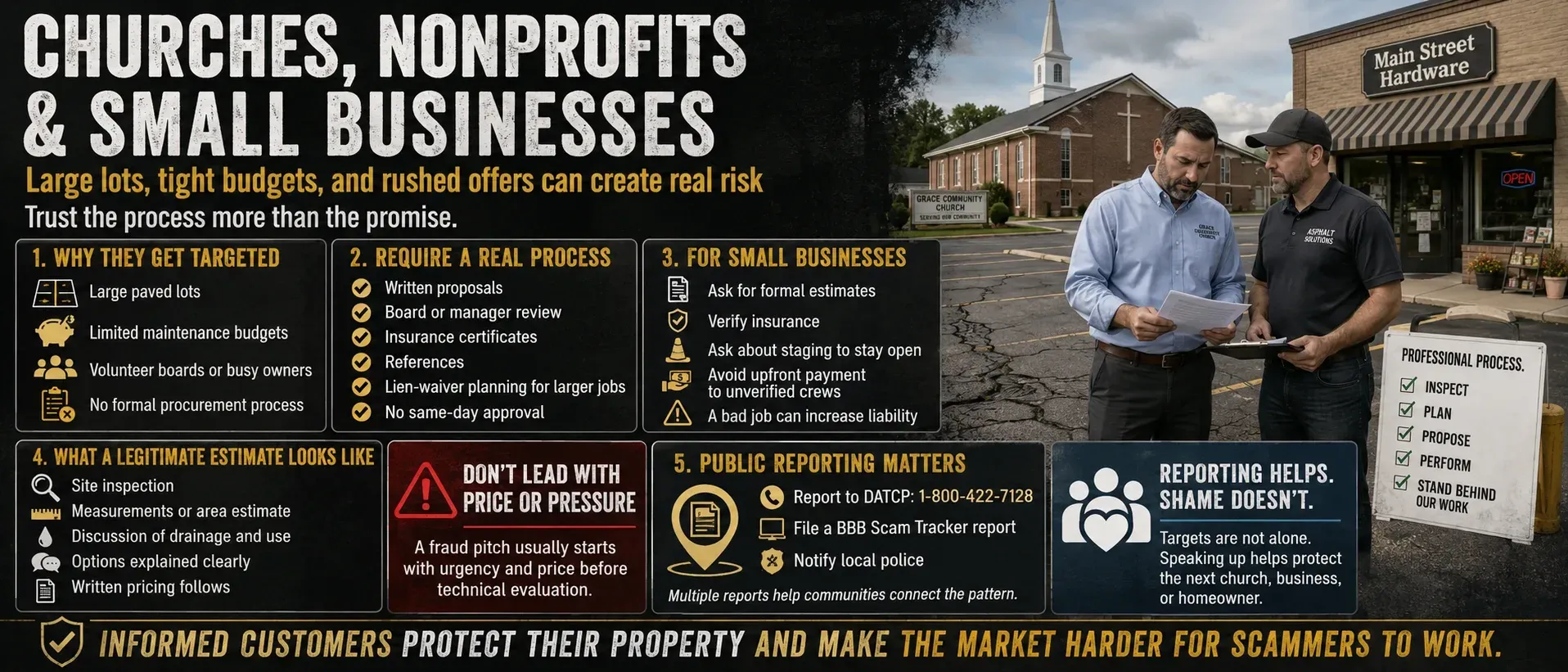 Infographic: churches, nonprofits, and small businesses face higher paving scam risk — don't let budgets or rushed offers lead to poor decisions