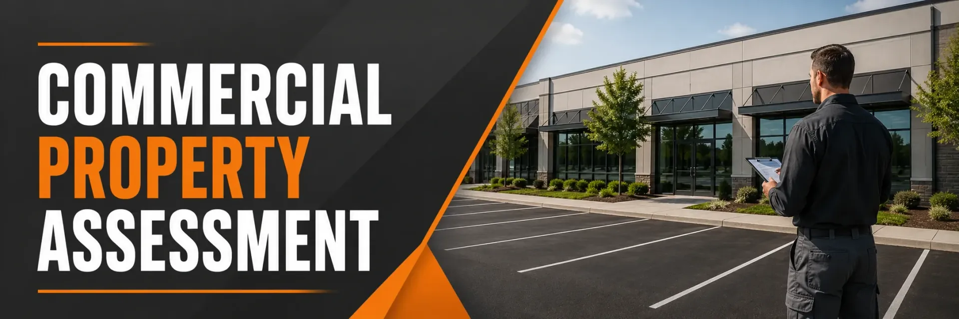 Commercial property assessment in New Berlin, WI, where a paving estimator inspects a retail parking lot for cracks and wear and notes repairs on a clipboard for a quote.