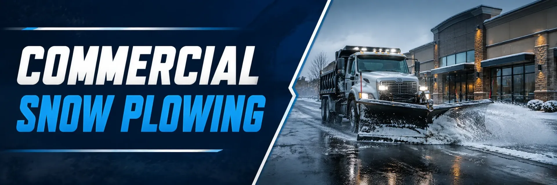 Commercial snow plowing in a Franklin, WI parking lot, where a plow truck clears heavy snow and pushes back the banks to keep the business lot safe and open for customers.