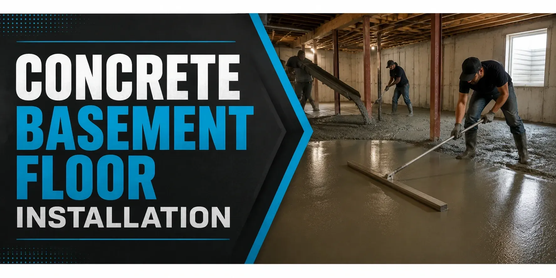 Concrete basement floor installation in Hales Corners, WI, where a crew screeds and trowels fresh concrete over a gravel base to finish a smooth, level basement slab.