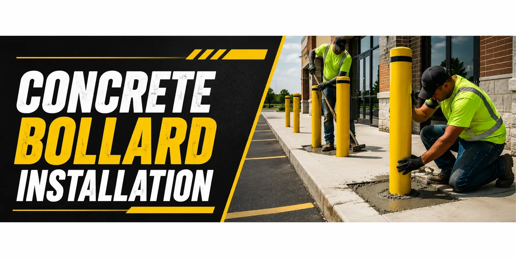 Concrete bollard installation at a Wind Lake, WI storefront, where a crew sets steel-and-concrete safety posts in yellow sleeves to protect the entrance from vehicles.
