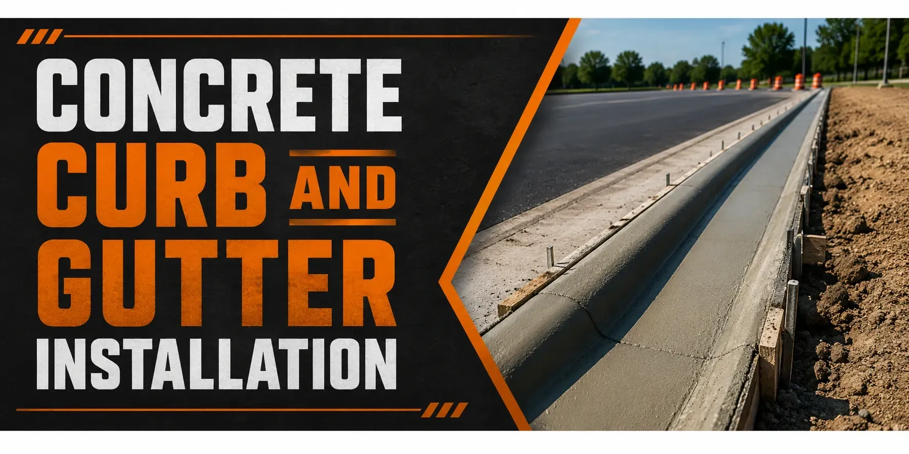 Concrete curb and gutter installation along a Tess Corners, WI parking lot, where a crew forms and finishes fresh concrete to channel drainage and edge the pavement.