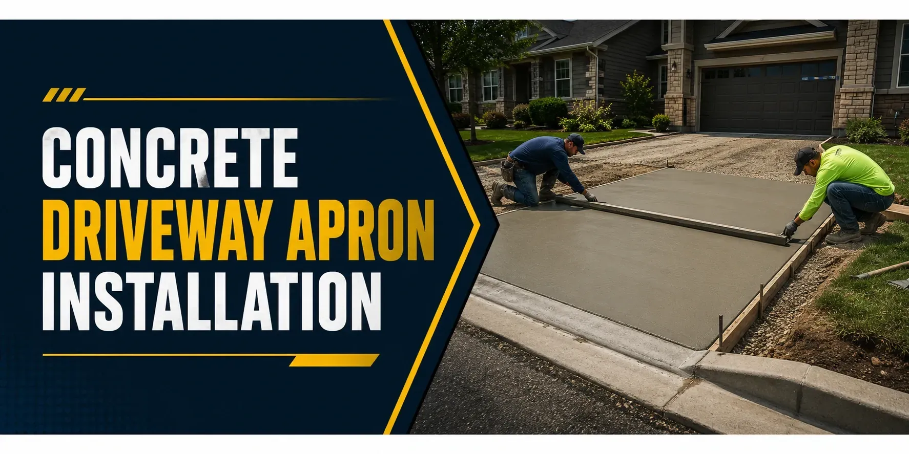 Concrete driveway apron installation at a Big Bend, WI home, where a crew finishes a fresh poured-concrete apron tying the driveway cleanly into the garage and street.