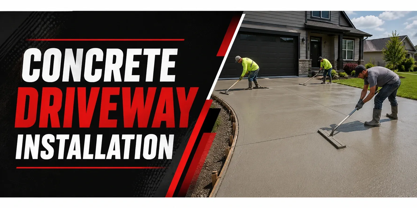 Concrete driveway installation at a Muskego, WI home, where a paving crew screeds and floats a fresh poured-concrete slab for a smooth, durable, long-lasting driveway.