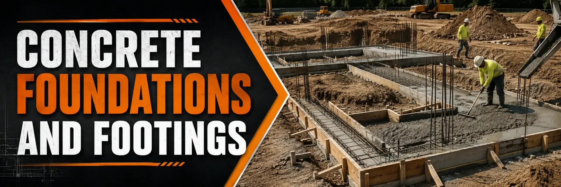 Concrete foundations and footings being poured at a build site in Wind Lake, WI, where a crew fills rebar-reinforced forms with fresh concrete for a solid, level base.