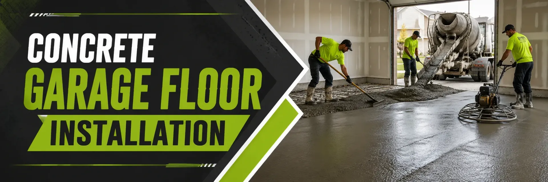 Concrete garage floor installation in Greendale, WI, where a crew screeds and power-trowels a fresh slab over a gravel base for a smooth, durable, long-lasting floor.