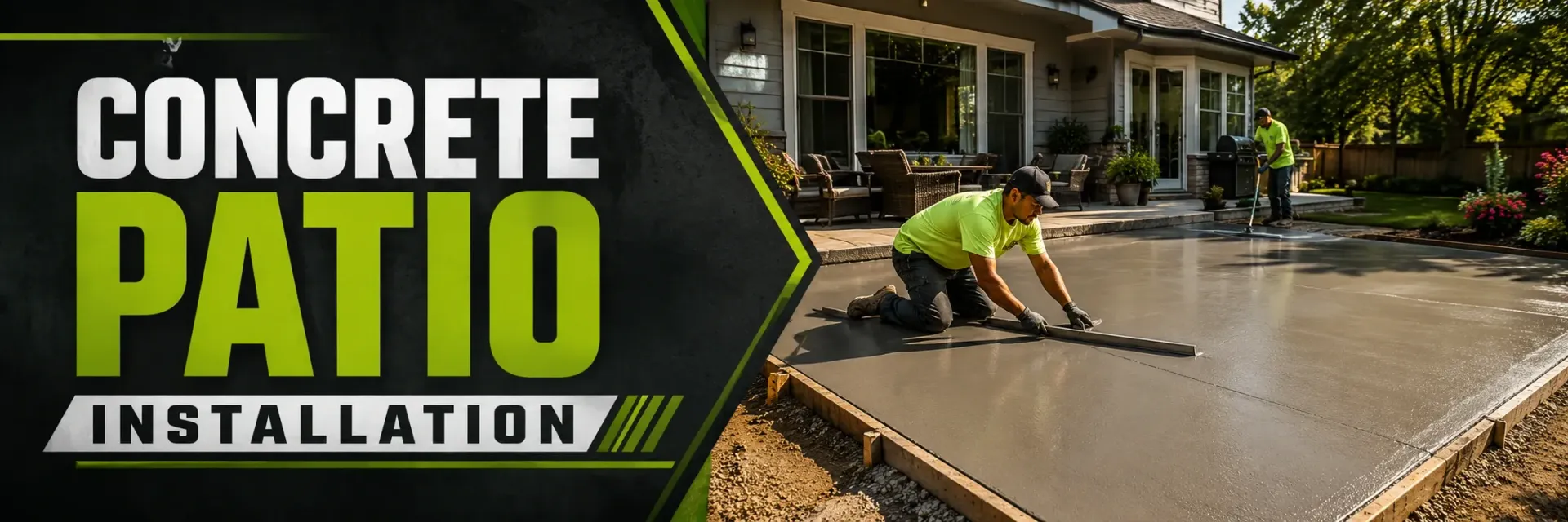 Concrete patio installation in a backyard in Mukwonago, WI, where a crew screeds and floats a fresh poured-concrete slab to build a smooth, durable outdoor patio.