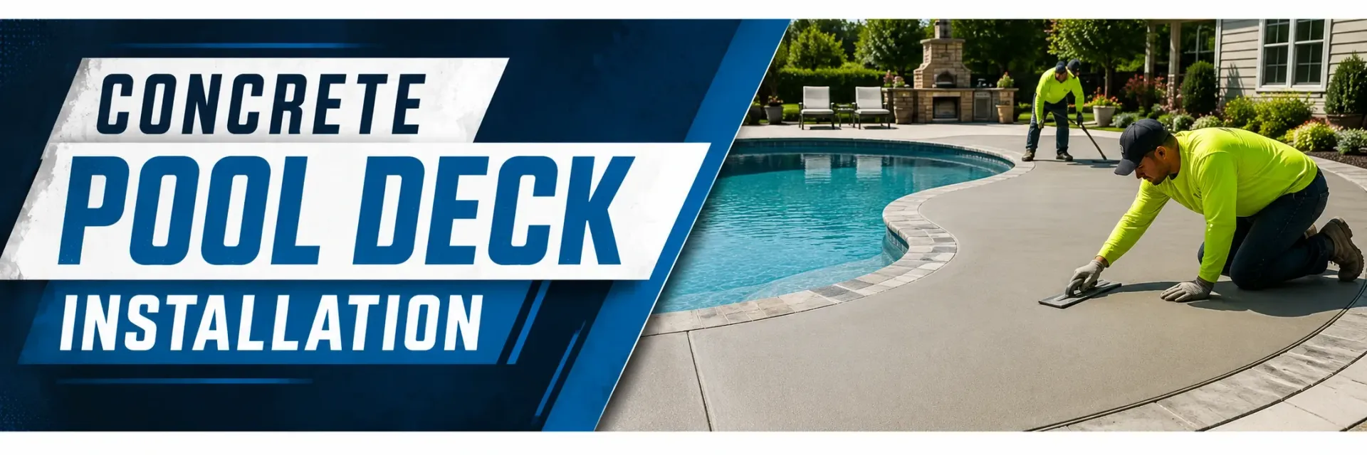 Concrete pool deck installation around a backyard pool in Big Bend, WI, where a crew finishes a fresh poured-concrete deck for a smooth, slip-resistant pool surround.