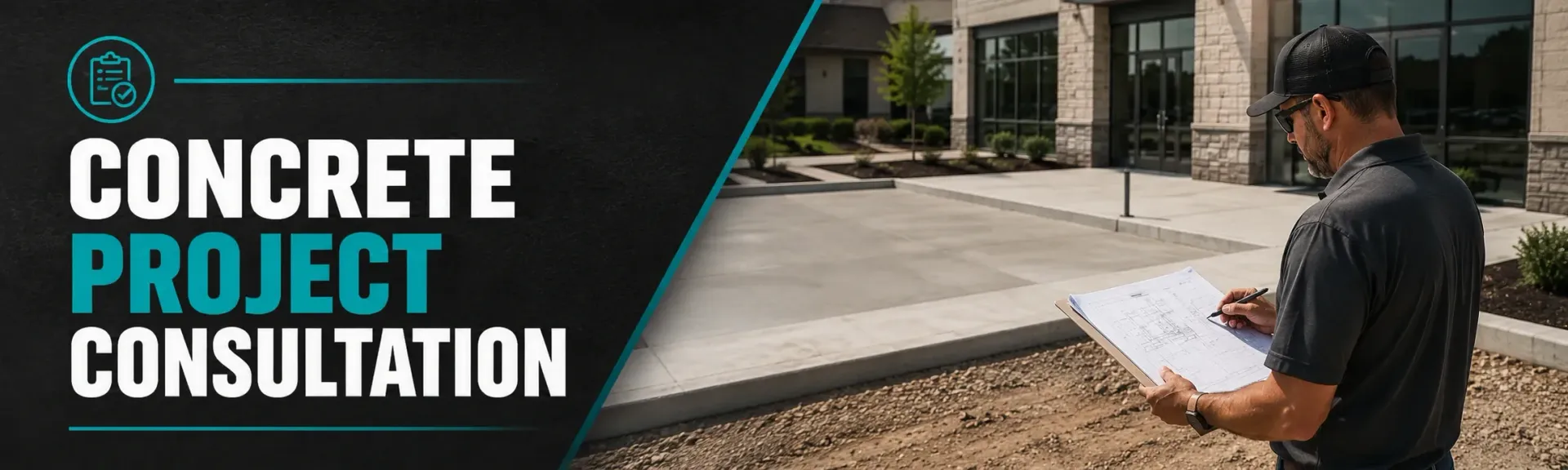 Concrete project consultation in Muskego, WI, where a contractor reviews plans on site with a homeowner and marks out a driveway and patio layout for an accurate quote.