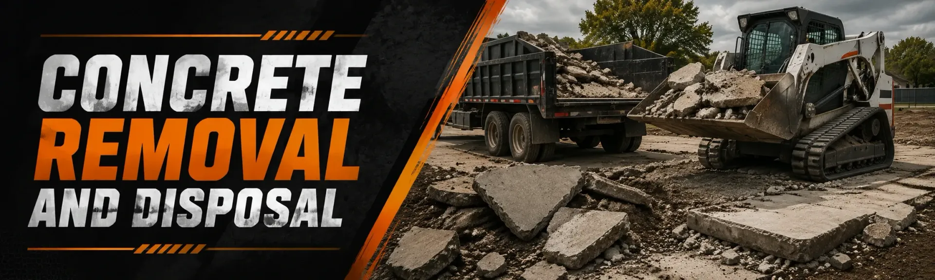 Concrete removal and disposal in Hales Corners, WI, where a crew breaks up an old slab with a jackhammer and skid steer and loads the broken concrete into a dump truck.