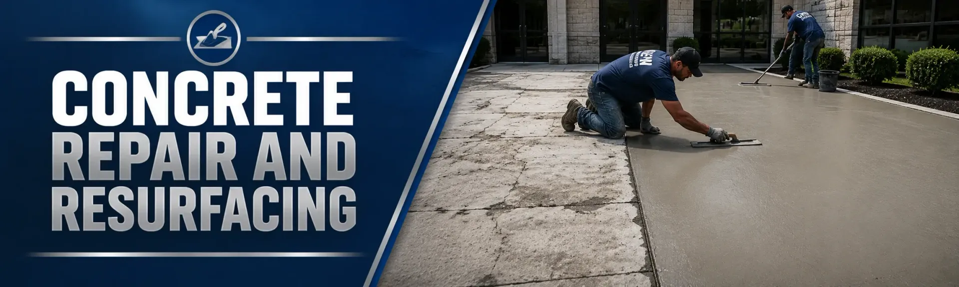 Concrete repair and resurfacing in Tess Corners, WI, where a crew patches cracks and spreads a fresh overlay to restore a worn slab to a smooth, like-new surface.