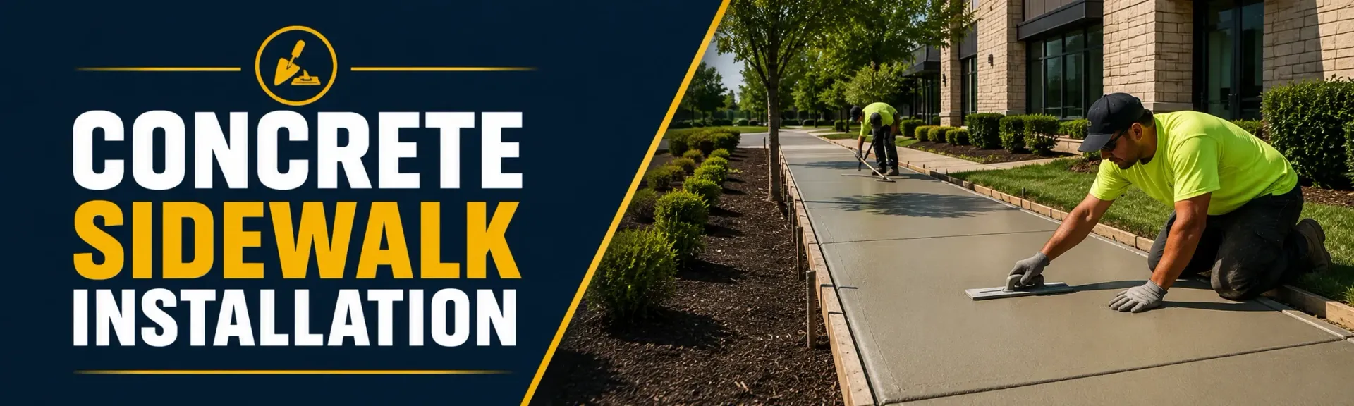 Concrete sidewalk installation along a Franklin, WI commercial frontage, where a crew floats and finishes fresh concrete for a smooth, level, ADA-friendly walkway.