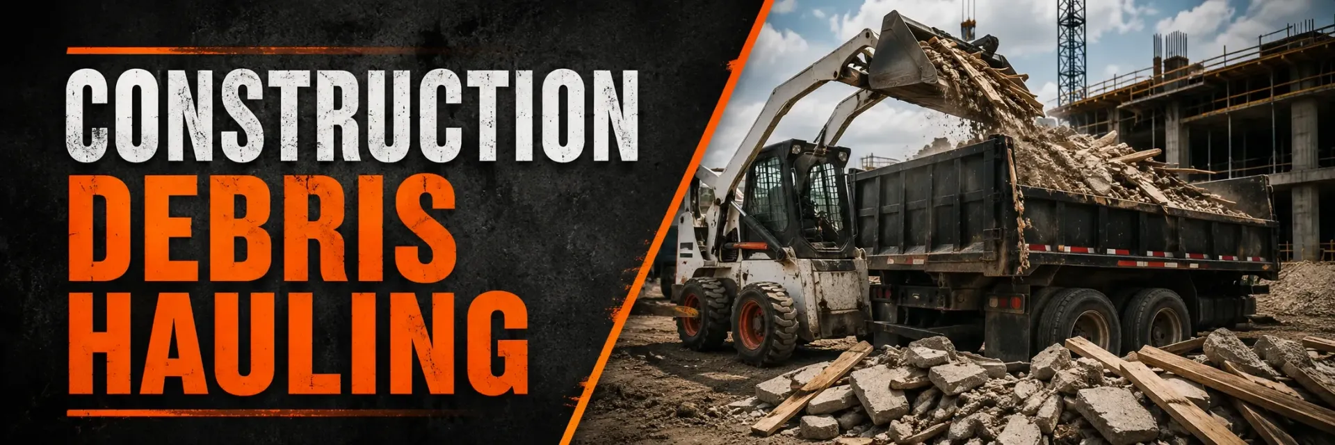 Construction debris hauling at a job site in New Berlin, WI, where a crew loads broken lumber, drywall, and rubble into a dump truck to clear the site for the next phase.
