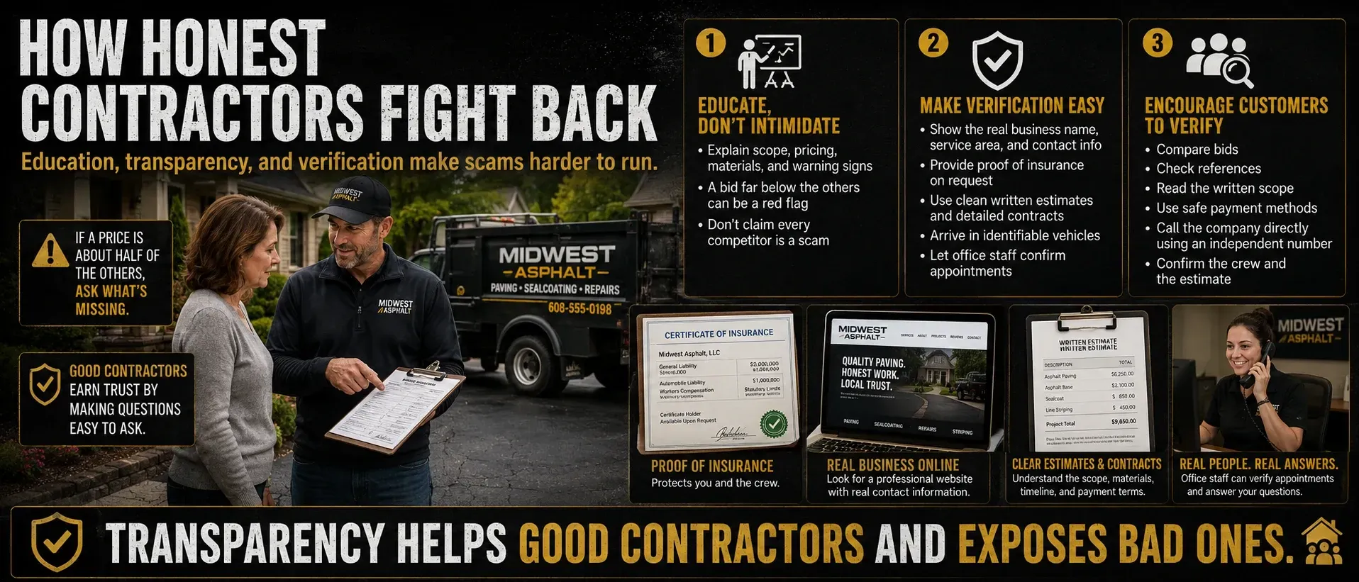 Infographic: honest contractors fight back against scams — transparency helps good contractors and exposes bad actors