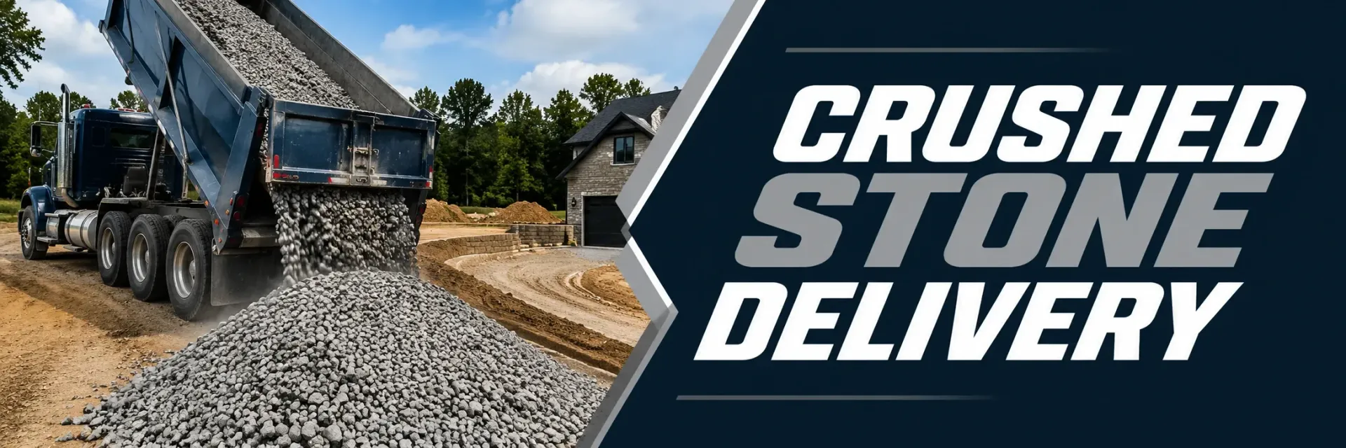 Crushed stone delivery in Big Bend, WI, where a dump truck unloads a fresh pile of crushed limestone aggregate at a job site for driveway base and paving prep.