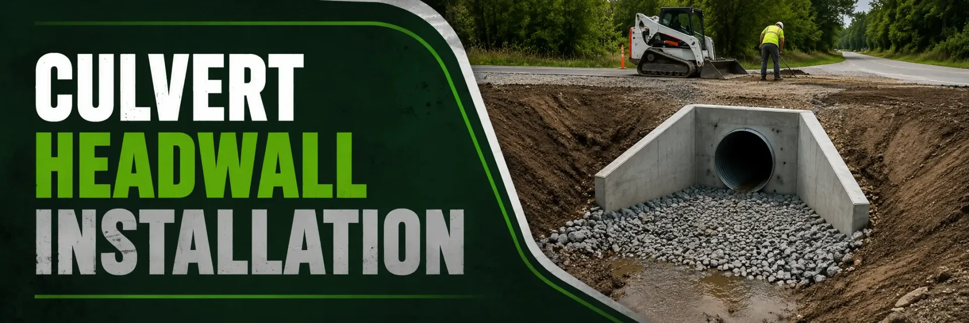 Culvert headwall installation along a rural driveway in Vernon, WI, where a crew sets a poured-concrete headwall at the culvert end to hold the bank and guide water flow.