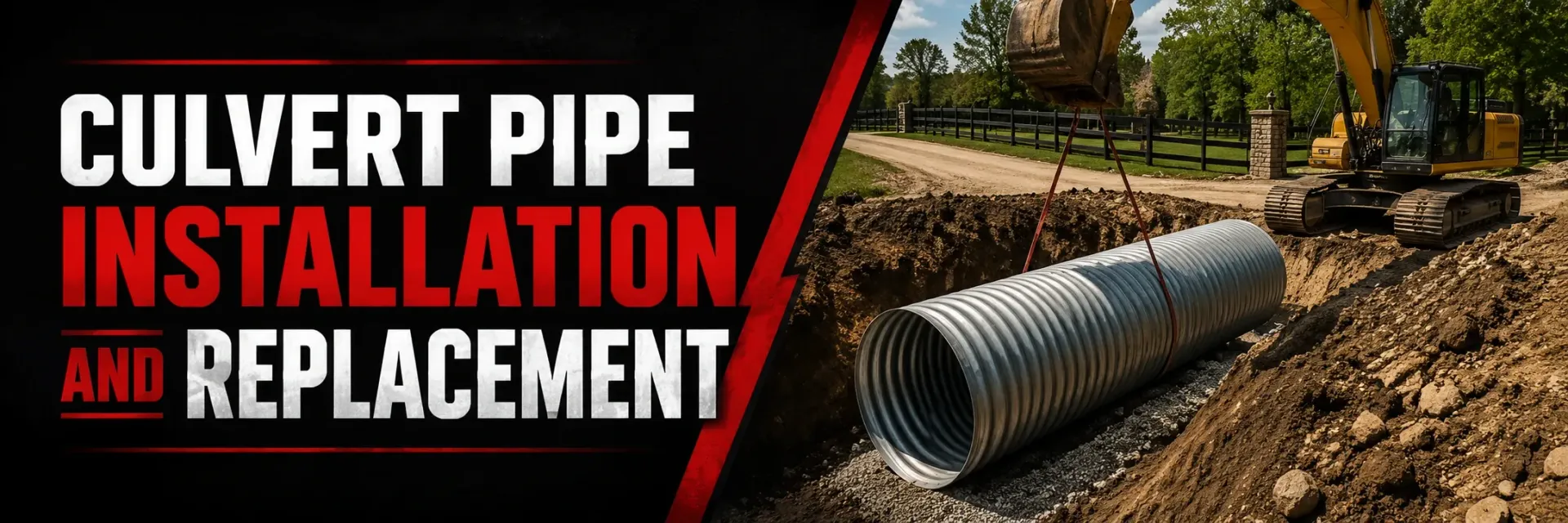 Culvert pipe installation or replacement in Wind Lake, WI, where an excavator lays a new corrugated drainage pipe in a trench and backfills stone to carry water flow.