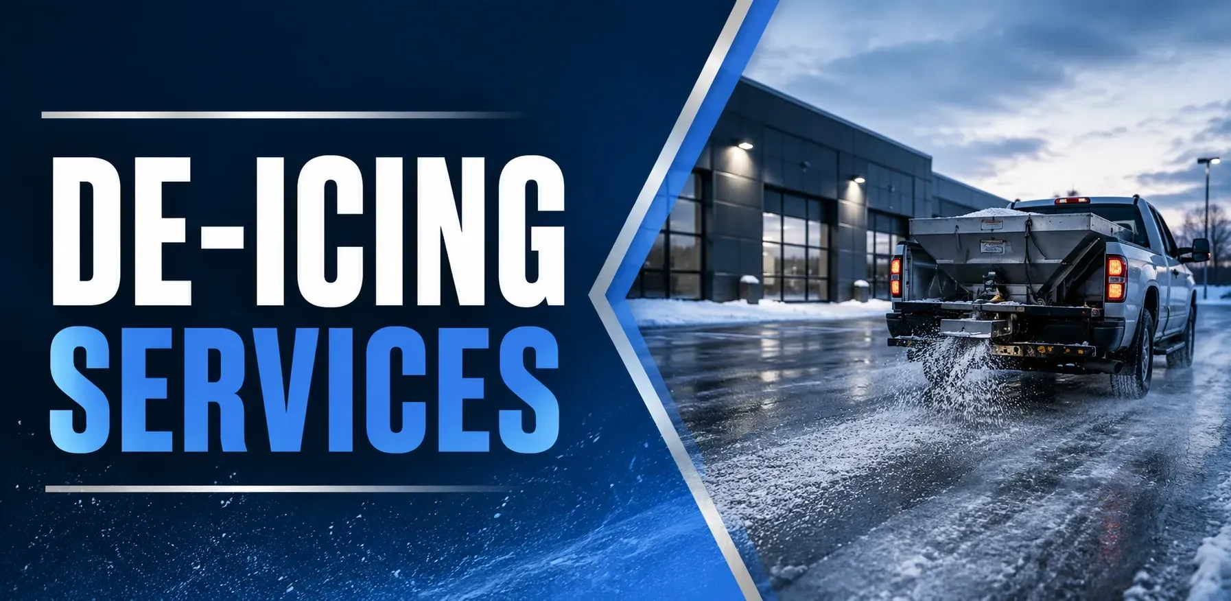 De-icing services in a Franklin, WI commercial lot, where a spreader truck applies salt and ice melt across a snowy parking lot to keep the surface safe for traffic.