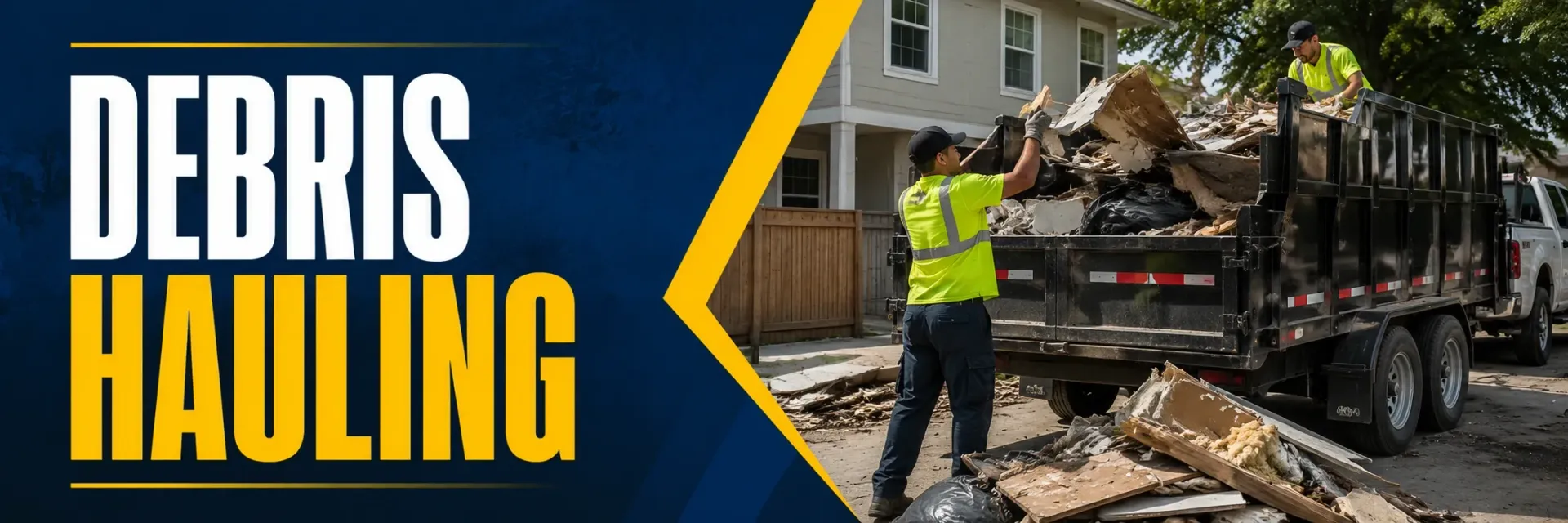 Debris hauling in Greendale, WI, where a worker loads brush, scrap, and yard debris into a dump trailer to clear a property and haul the waste away for disposal.