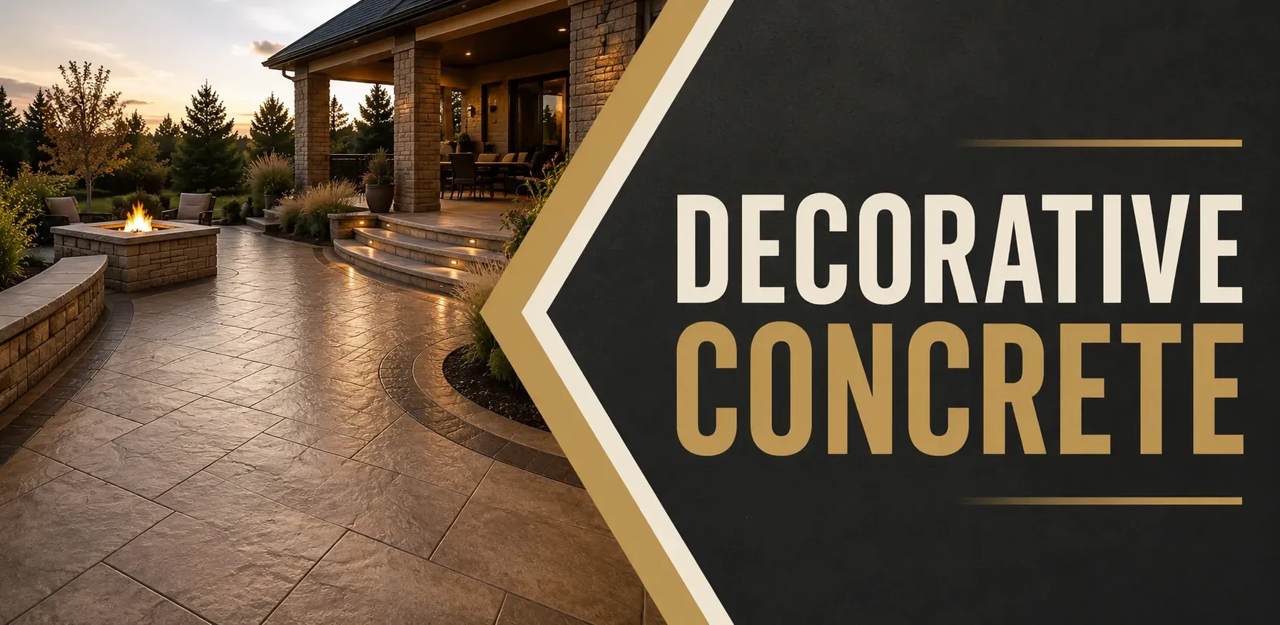 Decorative concrete patio in Mukwonago, WI, with a stamped and stained finish that mimics natural stone, giving the backyard a durable, upscale, low-maintenance surface.
