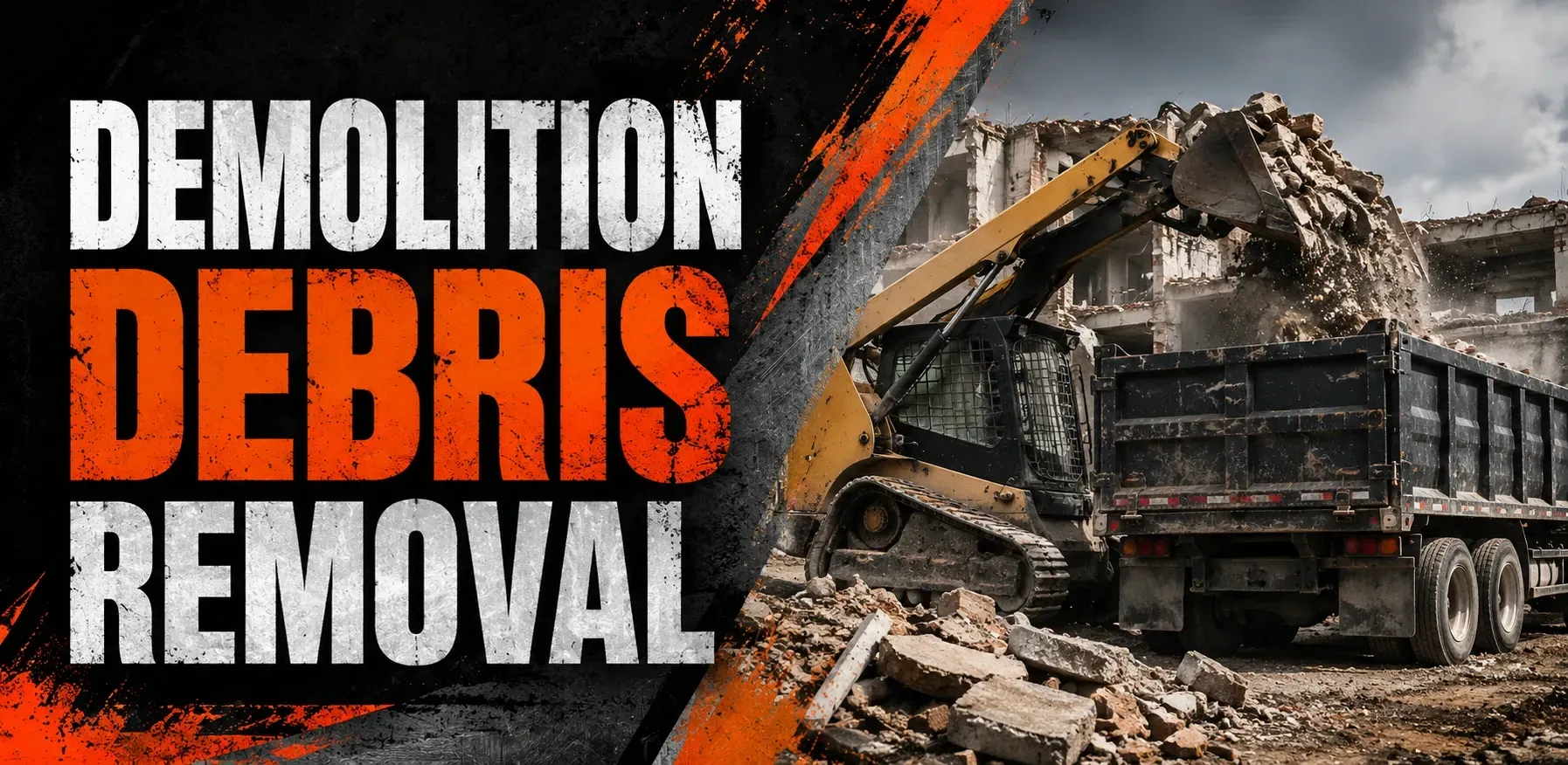 Demolition debris removal in Hales Corners, WI, where an excavator tears down an old structure and loads the broken concrete and rubble into a dump truck to clear the lot.