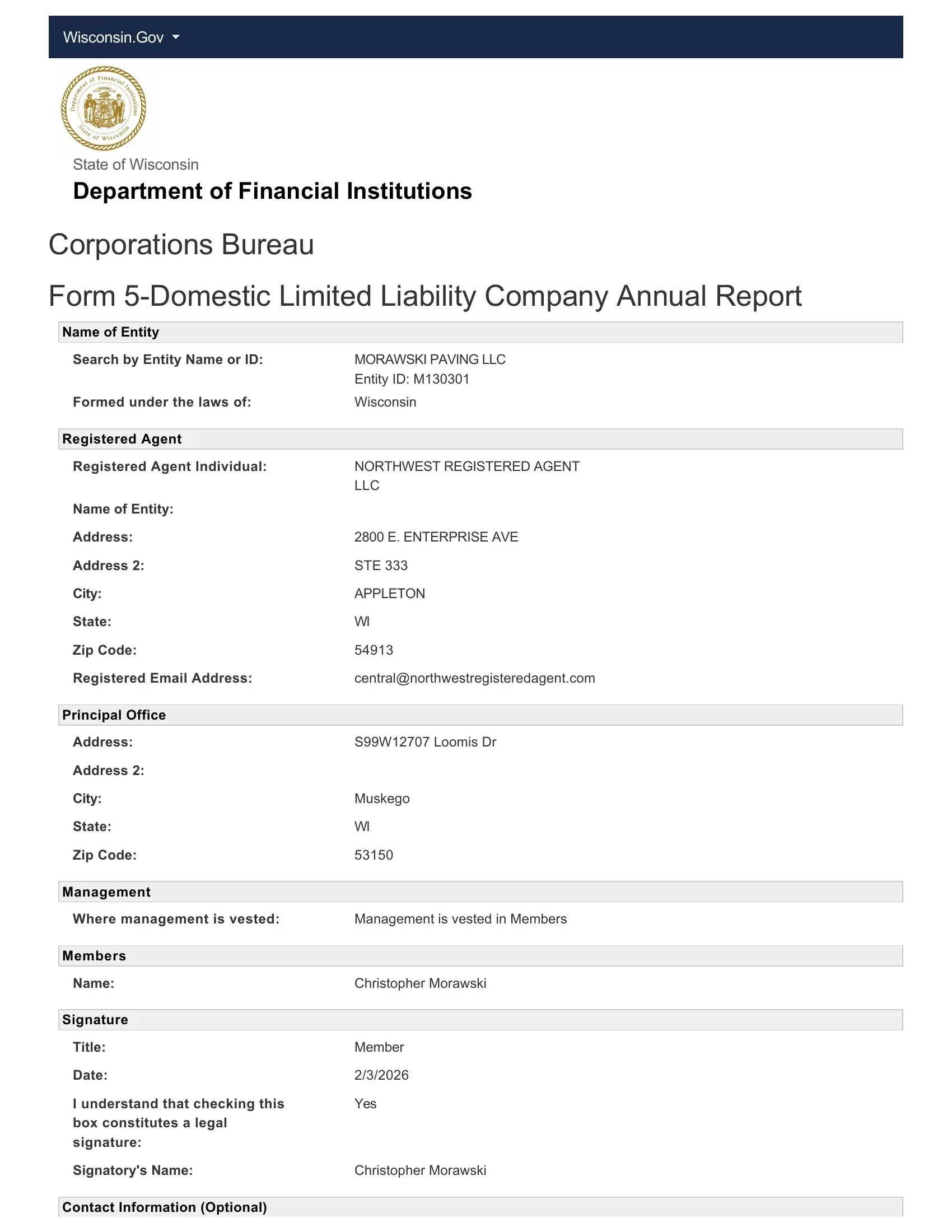 Wisconsin DFI annual report filing for Morawski Paving LLC, Entity ID M130301, Muskego WI