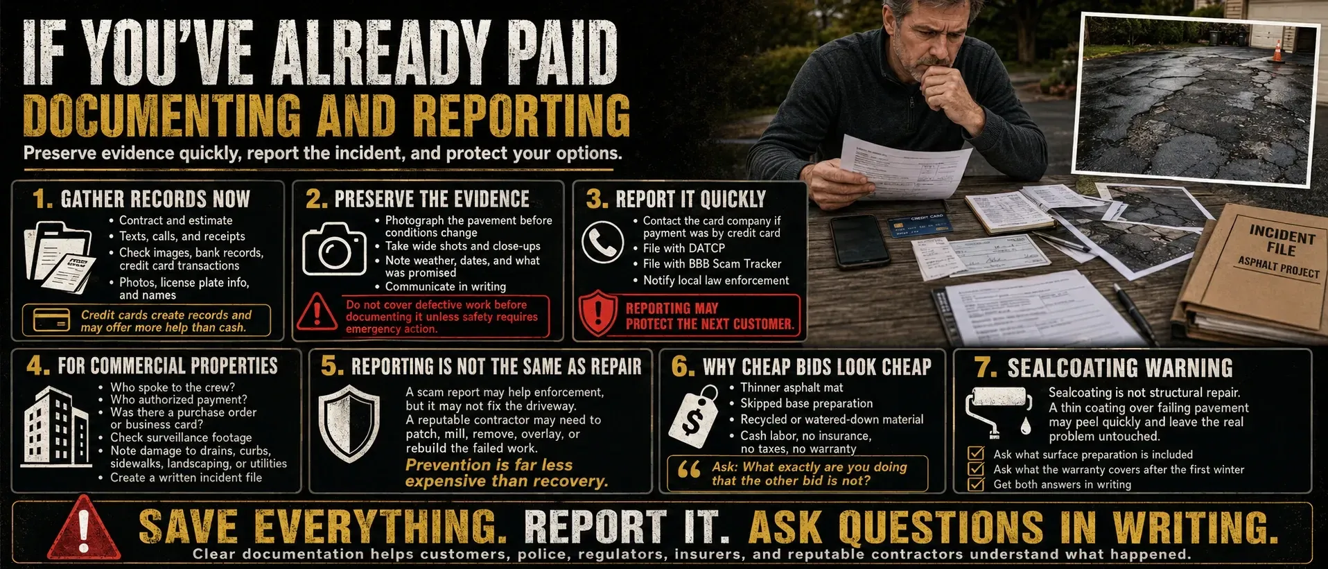 Infographic: if you've already paid a paving scammer — preserve evidence, report it quickly, ask questions in writing