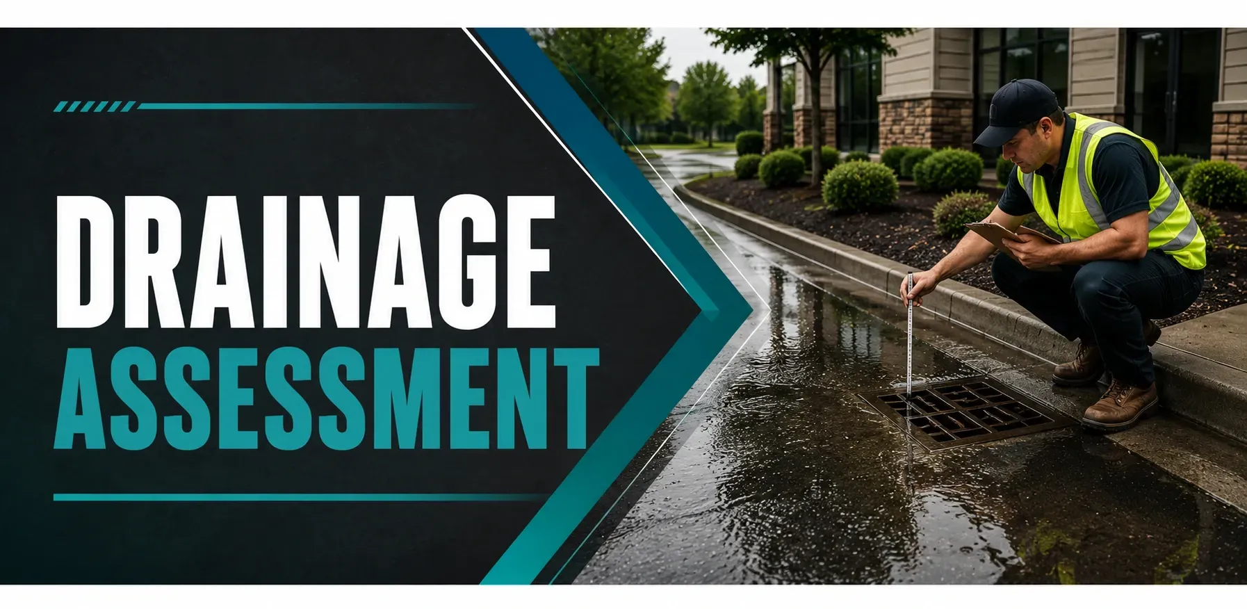 Drainage assessment in Tess Corners, WI, where a technician in a safety vest inspects a yard and grade to find pooling water and plan a drainage fix for the property.