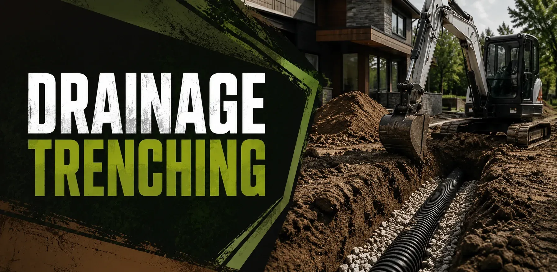 Drainage trenching in Vernon, WI, where a tracked trencher digs a deep, narrow channel along a yard to lay drain pipe and carry standing water away from the home.