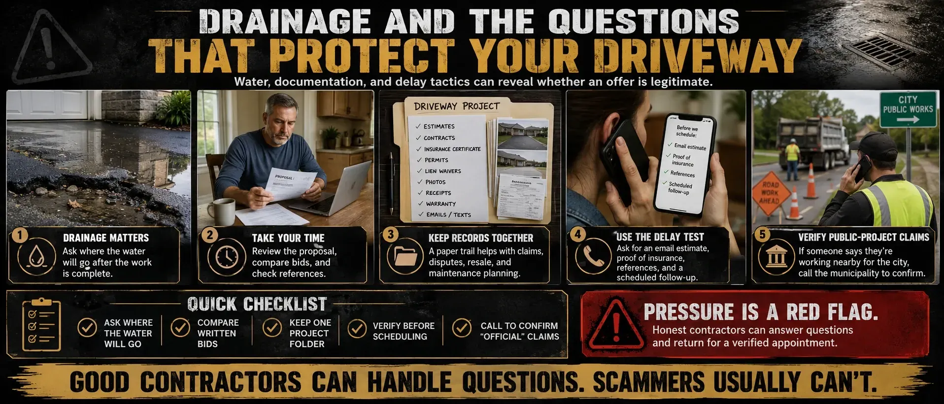 Infographic: drainage questions that protect your driveway — what contractors should answer and why pressure is a red flag