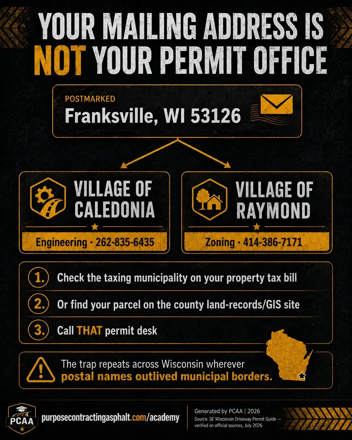 Diagram showing that a Franksville Wisconsin mailing address can belong to either the Village of Caledonia or the Village of Raymond, so the property tax bill identifies the real permit office.