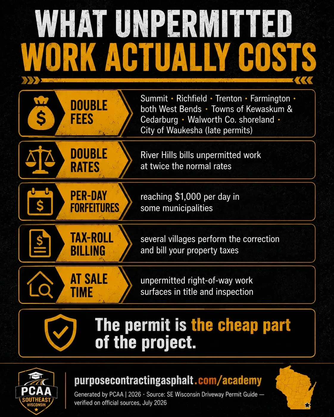 Penalties for unpermitted driveway work in southeastern Wisconsin including doubled fees, double billing rates, per-day forfeitures up to 1,000 dollars, and tax-roll billing.