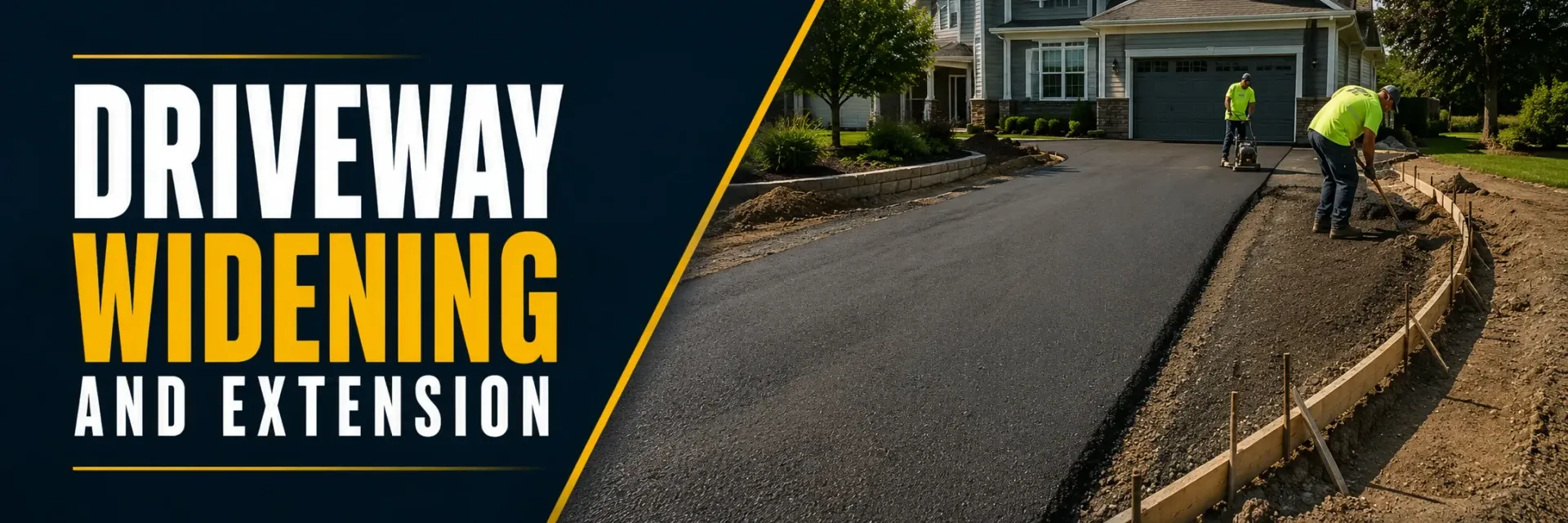 Driveway widening and extension at a Franklin, WI home, where a paving crew adds and rolls fresh asphalt to widen the existing driveway and add off-street parking.