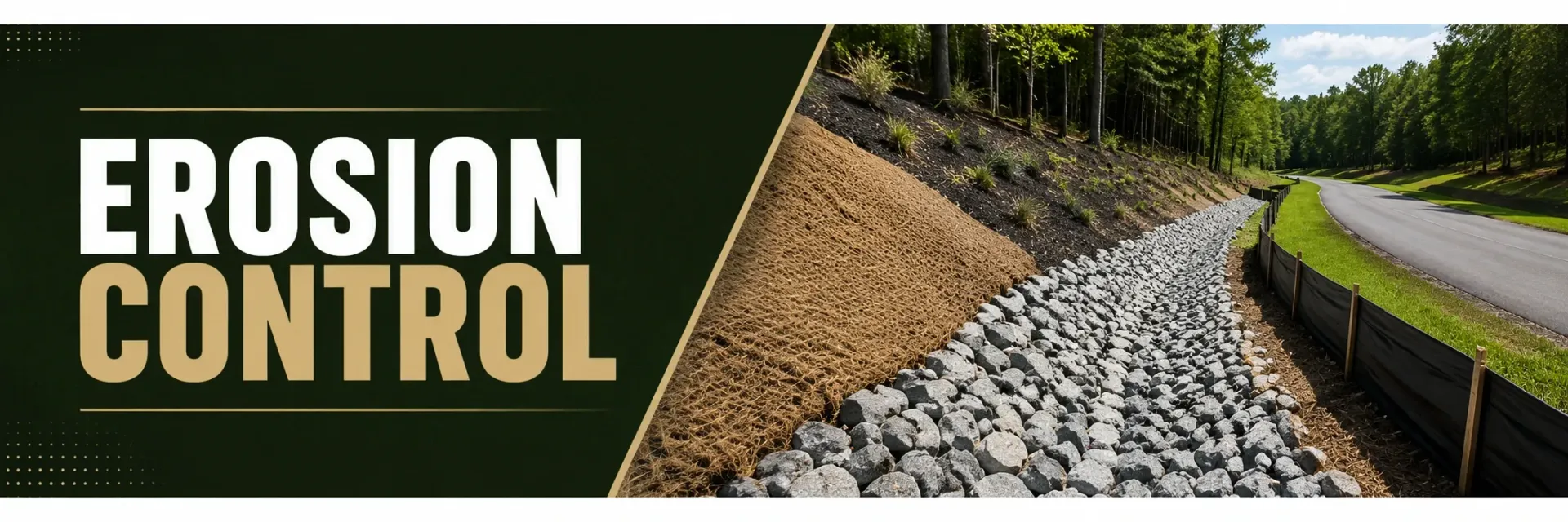 Erosion control on a graded slope in Big Bend, WI, where a crew installs riprap stone and erosion blanket to hold the soil and channel runoff away from the site.