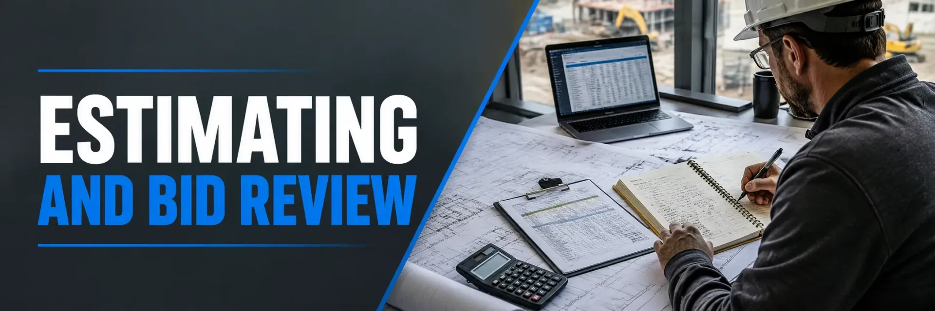 Estimating and bid review in Hales Corners, WI, where an estimator reviews site plans and pricing at a desk to build an accurate, detailed paving project quote.
