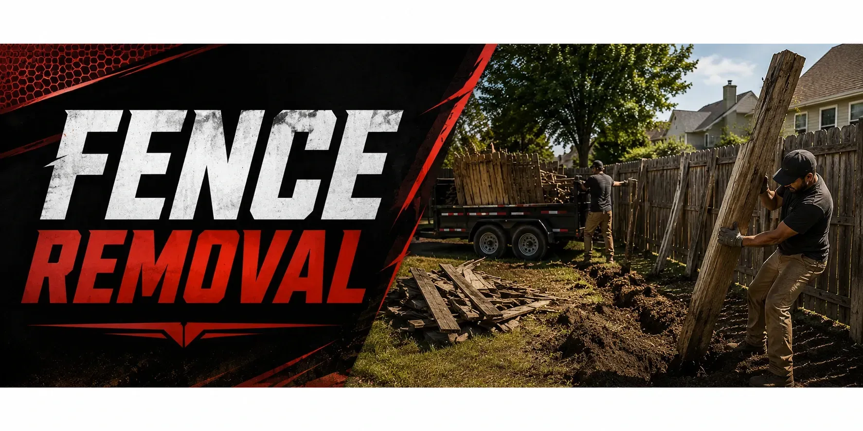 Fence removal at a property in Wind Lake, WI, where a crew pulls old fence posts and panels and clears the line to prep the yard for new paving or landscaping.