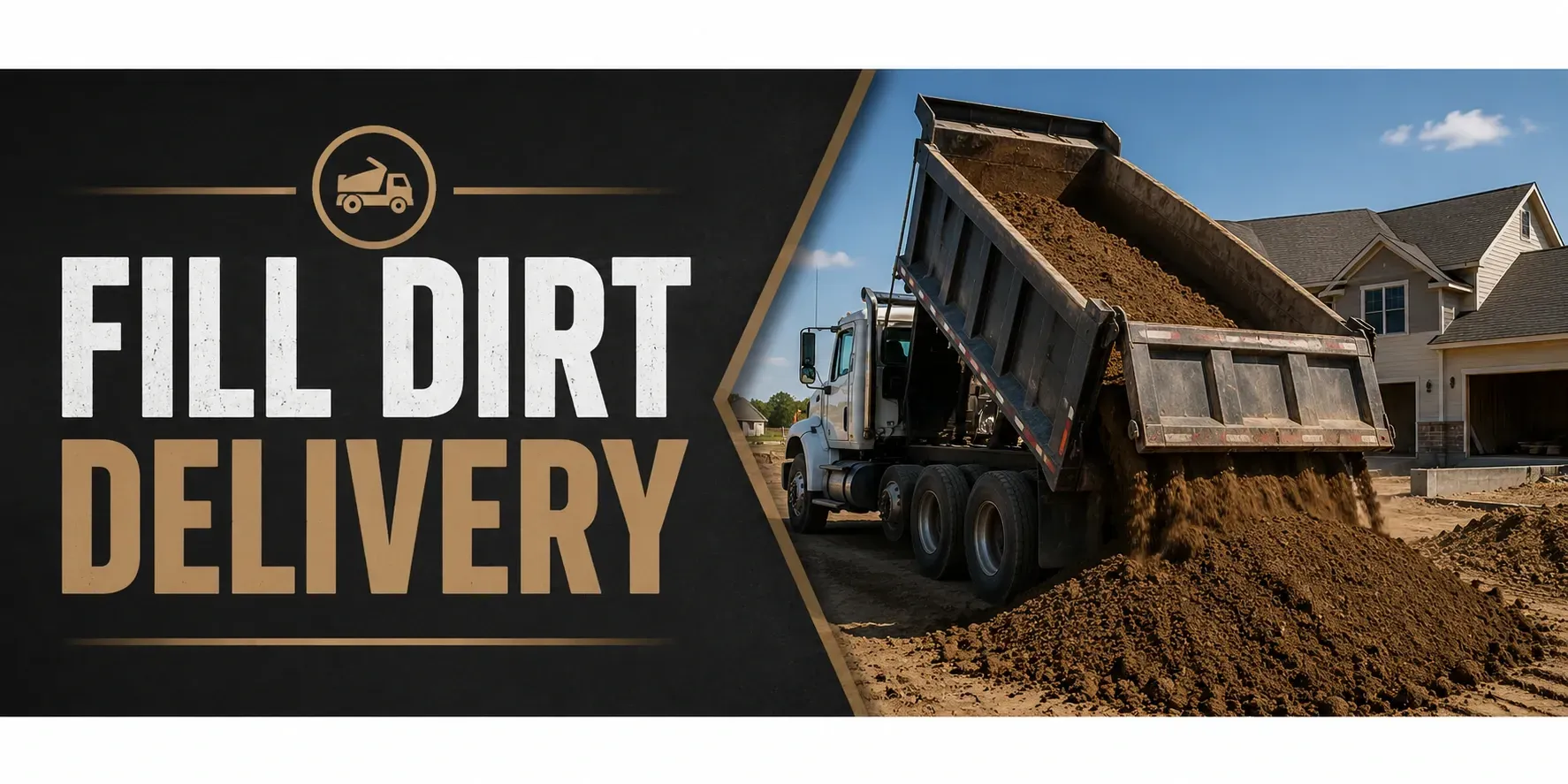 Fill dirt delivery in Greendale, WI, where a dump truck unloads a load of clean fill dirt at a job site to raise the grade and build up low or uneven ground.
