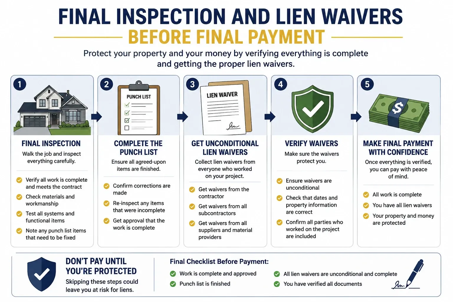 Infographic: final inspection and lien waivers before final payment — checklist, verify parties, don't pay until fully protected