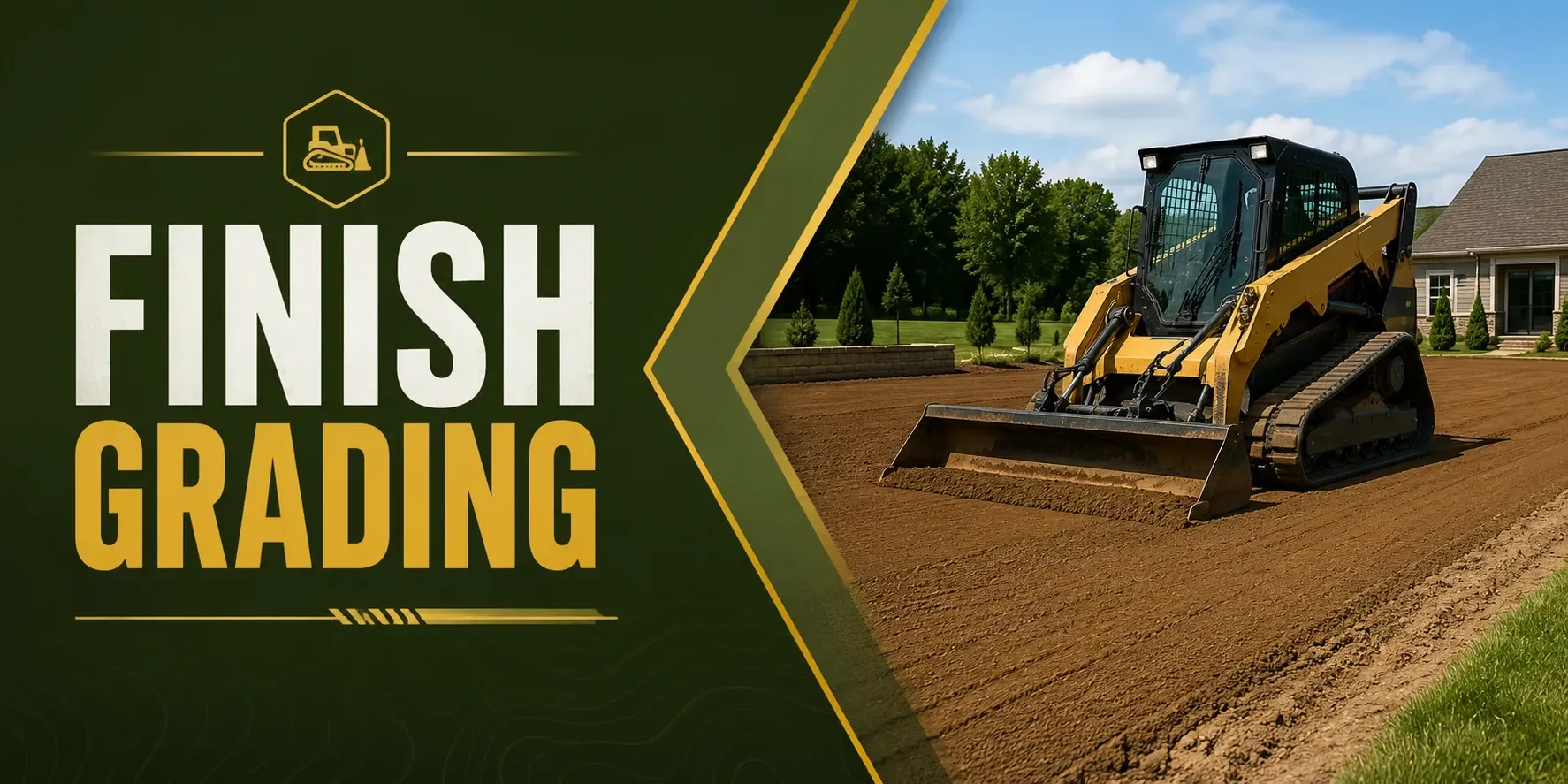 Finish grading in Vernon, WI, where a skid steer with a box blade levels and smooths the soil to a precise final grade, prepping the site for paving, sod, or seed.