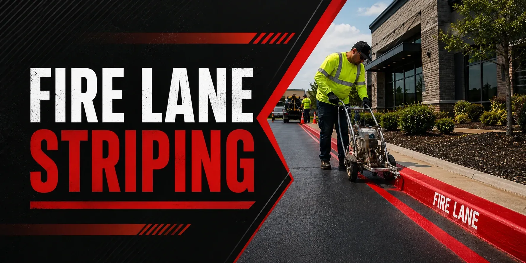 Fire lane striping at a commercial property in Tess Corners, WI, where a striper paints bright red curbs and crisp white No Parking Fire Lane lettering for code compliance.