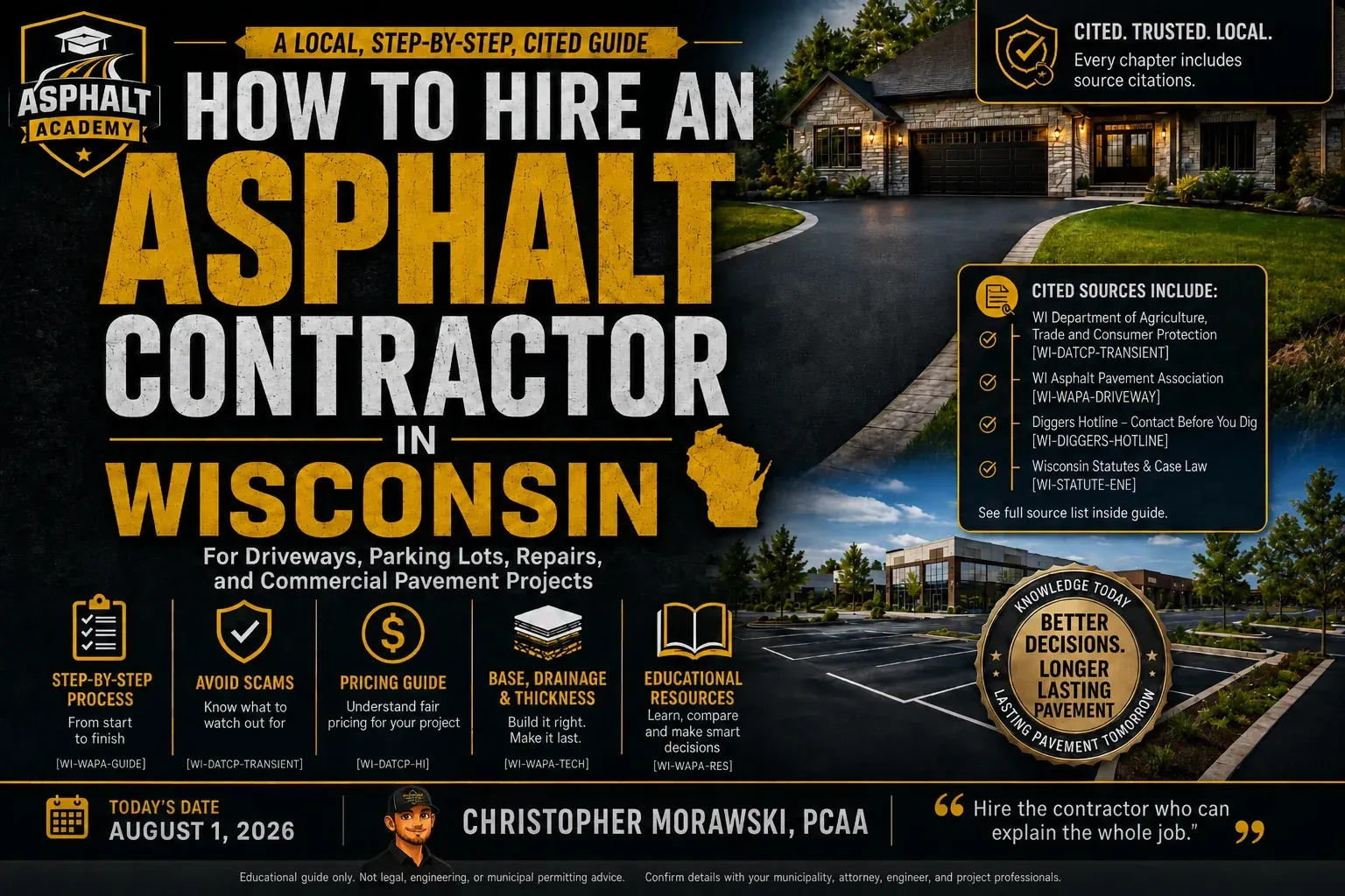 Asphalt Academy guide cover on how to hire an asphalt contractor in Wisconsin for driveways, parking lots, and repairs, with cited sources for Muskego, WI property owners.