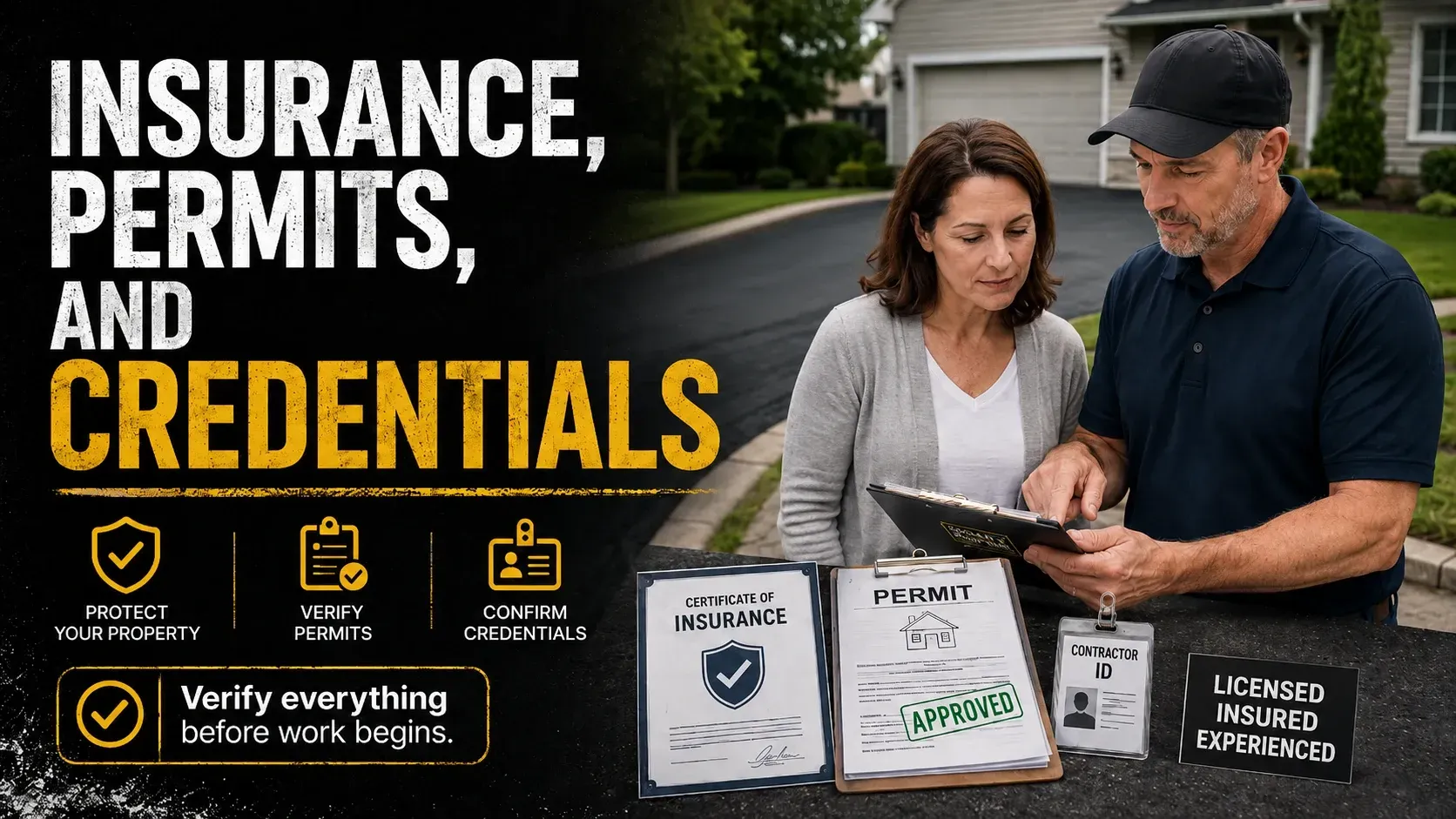 Infographic: insurance, permits, and credentials — verify everything before paving work begins, no credentials means no quality