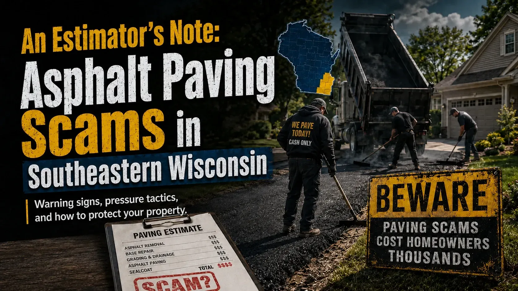 Infographic: estimator's warning — asphalt paving scams in southeastern Wisconsin, common tactics and how to protect your property