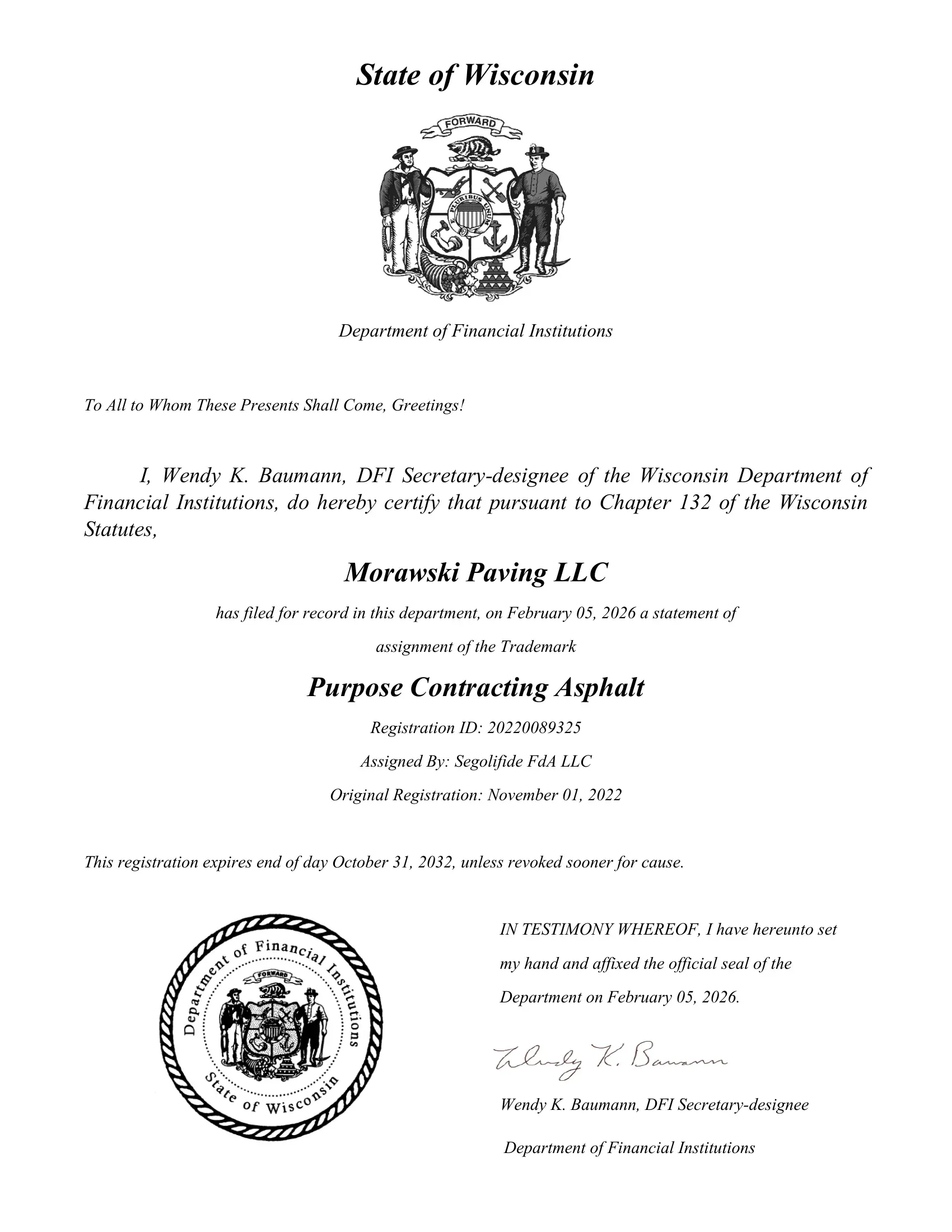Wisconsin state trademark certificate for Purpose Contracting Asphalt, Registration ID 20220089325, valid through 2032