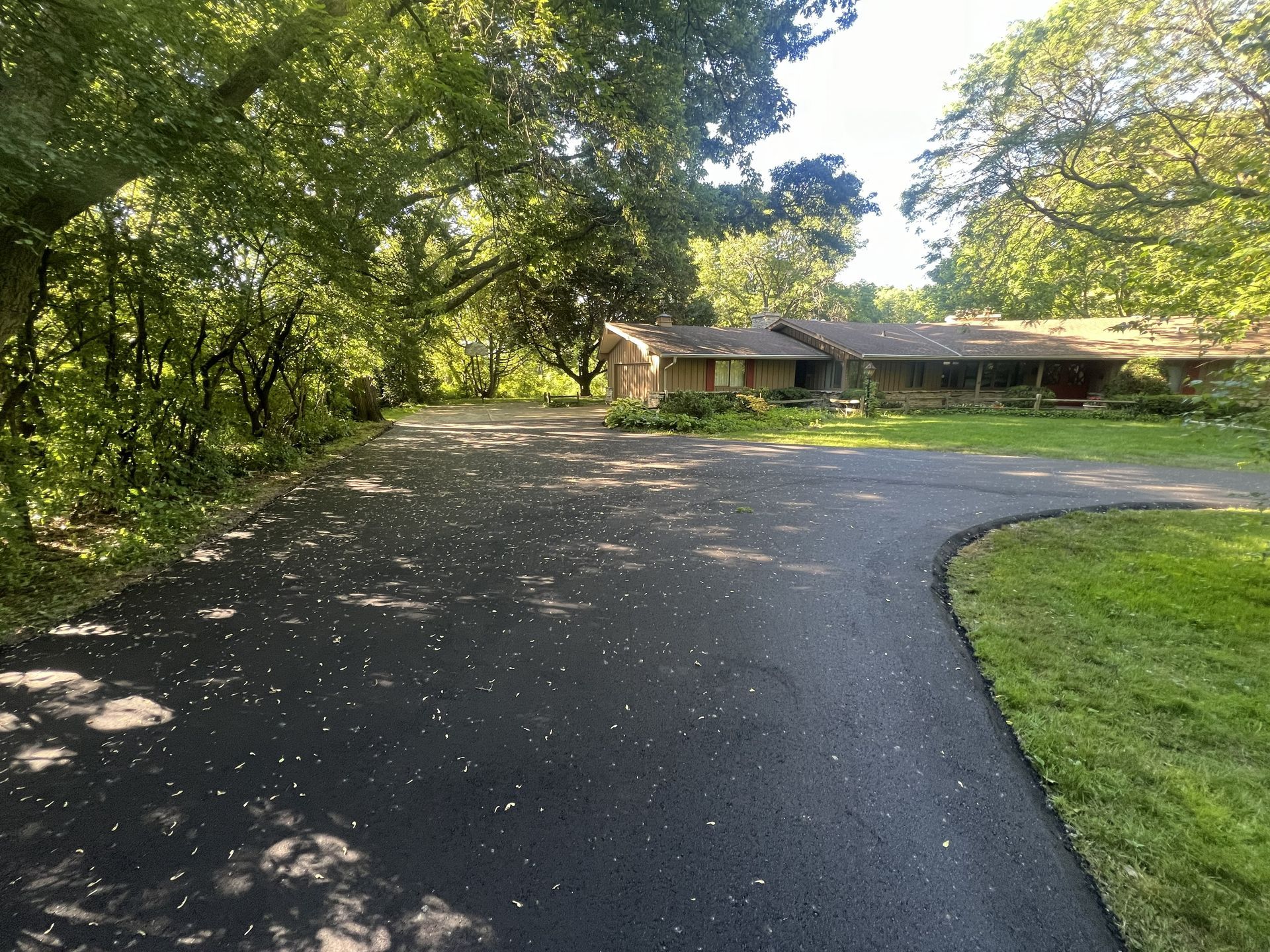 Curved driveway leading to a single-story house beside trees and green lawn in daylight