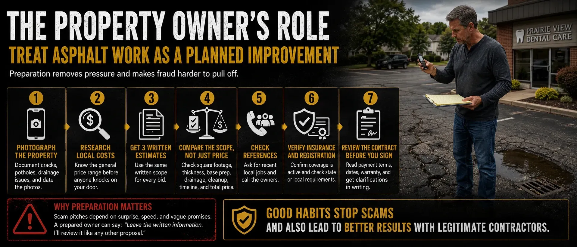 Infographic: property owner's role — treat asphalt as a planned improvement, good habits stop scams and lead to better contractor results