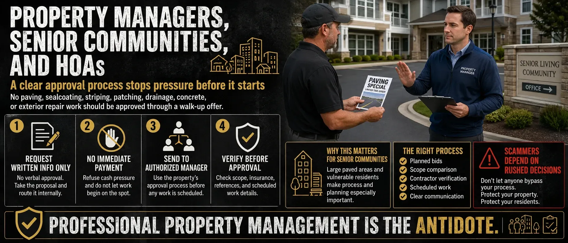 Infographic: property managers and senior communities can stop paving scams — professional approval process removes pressure tactics