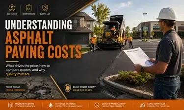 Understanding asphalt paving costs — what drives the price, how to compare contractor quotes, and why proper structure, drainage, and workmanship deliver long-term value over cheap shortcuts.