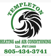 An American flag waves against a blue sky next to a helicopter, with the text "TEMPLETON HEATING AND AIR" overlayed.