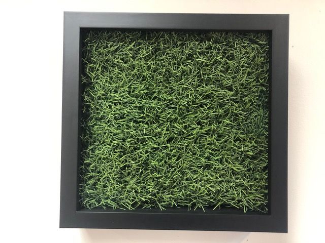 Black-framed wall art with green grass-like texture inside